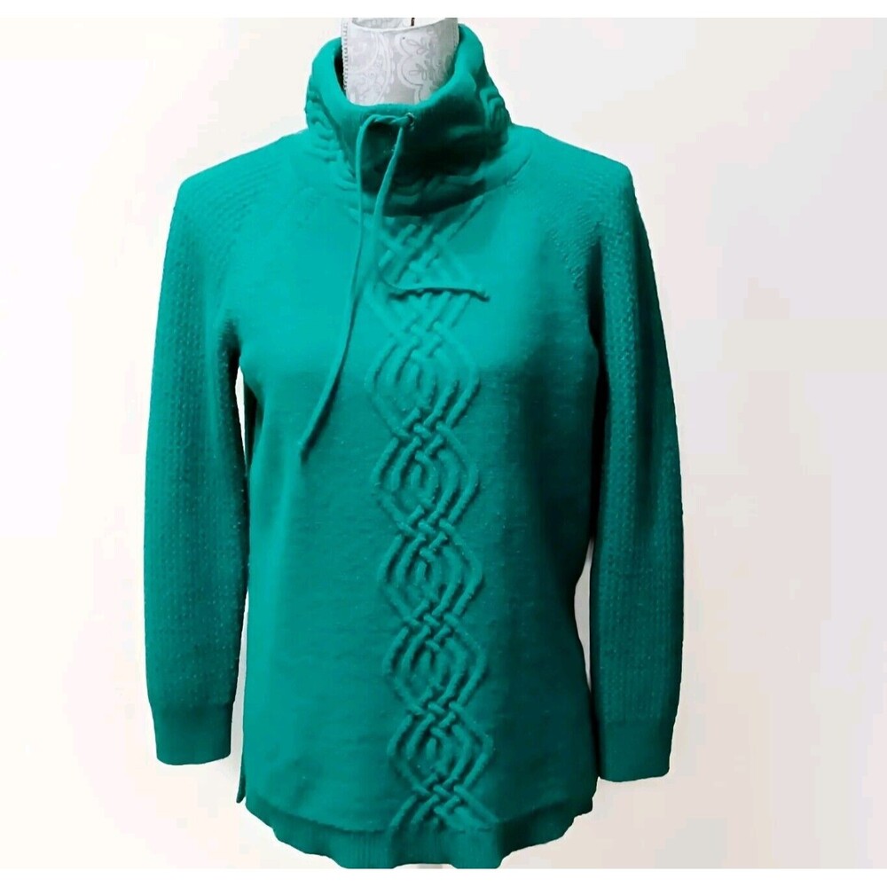 talbots Women's Green Cable Knit Drawstring Collar Sweater Size Medium
